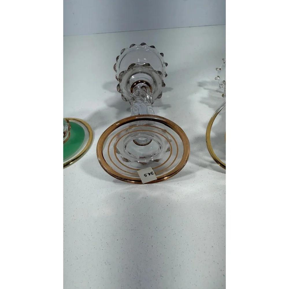 Vintage Murano Style Glass Candlestick Holders Set of 3 Gold Trim Green Clear